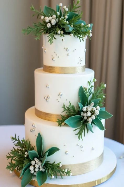 24 Winter Wedding Cake Ideas That'll Make Your Special Day Green Wedding Theme Cake, Wedding Cake Eucalyptus, Winter Wedding Cake Ideas, Wedding Cake Green, Winter Wonderland Wedding Cakes, Gold Winter Wedding, Christmas Wedding Cakes, Blue Winter Wedding, Green Wedding Cake