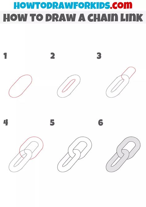 How to Draw a Chain Link - Easy Drawing Tutorial For Kids How To Draw A Chain Step By Step, Chain Tutorial Drawing, How To Draw Chains Step By Step, How To Draw A Rope, How To Draw Necklace, Chain Drawing Easy, Chain Art Drawing, Chain Drawing Reference, How To Draw Metal