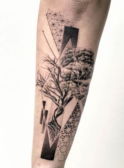 53 Inspiring Tree Of Life Tattoos With Meaning - Our Mindful Life Men Torso, Tree Line Tattoo, Tree Of Life Tattoos, Geometric Tattoo Tree, Camera Tattoo Design, Geometric Tattoo Sleeve Designs, Tree Tattoo Men, Dna Tattoo, Mystical Tattoos