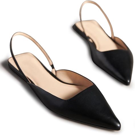 Amazon.com | VOLEECE Black Slingback Flats for Women Pointed Toe Slip On Mules Flats Casual Comfortable Backstrap Dress Pumps Shoes | Flats Cheap Trendy Slingback Pumps For Summer, Luxury Casual Slingback Pumps With Pointed Toe, Luxury Casual Pointed Toe Slingback Pumps, Affordable Chic Slingback Pumps With Heel Strap, Affordable Feminine Pointed Toe Heels, Cheap Leather Flats For Women, Lomg Dress Shoes, Cute Fall Shoes Work, Casual/dressy Shoes