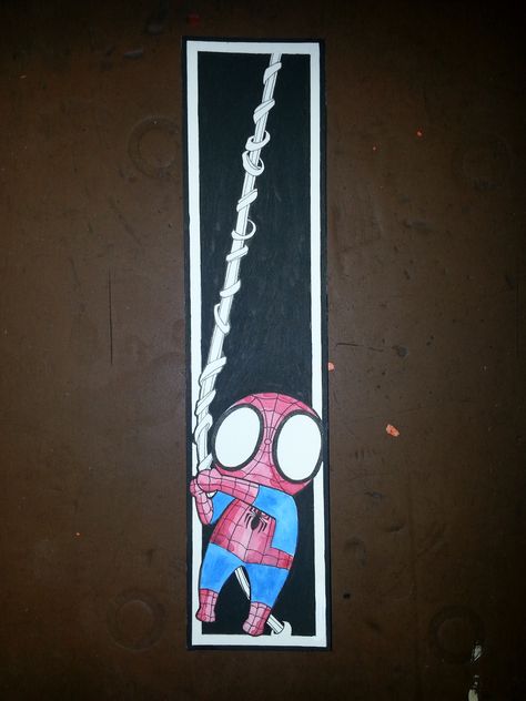 Pencil, ink, acrylic, and watercolor Spider-Man bookmark. Spider Man Bookmark, Spiderman Bookmark, Spiderman Book, Handmade Bookmarks Diy, Creative Gift Wraps, Diy Bookmarks, Book Art Diy, Pixel Art Pattern, Bookmarks Handmade