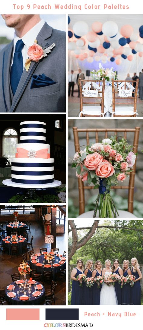 Top 9 Peach Wedding Color Palettes for 2019 -No.8 Peach and Navy Blue #colsbm #bridesmaids #weddings #weddingideas #summerwedding b569 Blue And Peach Wedding Decor, Royal Blue And Peach Wedding, Navy Blue And Peach Wedding Theme, Peach And Navy Blue Wedding, Navy And Peach Wedding, Navy Blue Wedding Ideas, Navy Peach Wedding, Color Palette Peach, Diy Wedding Reception Decorations