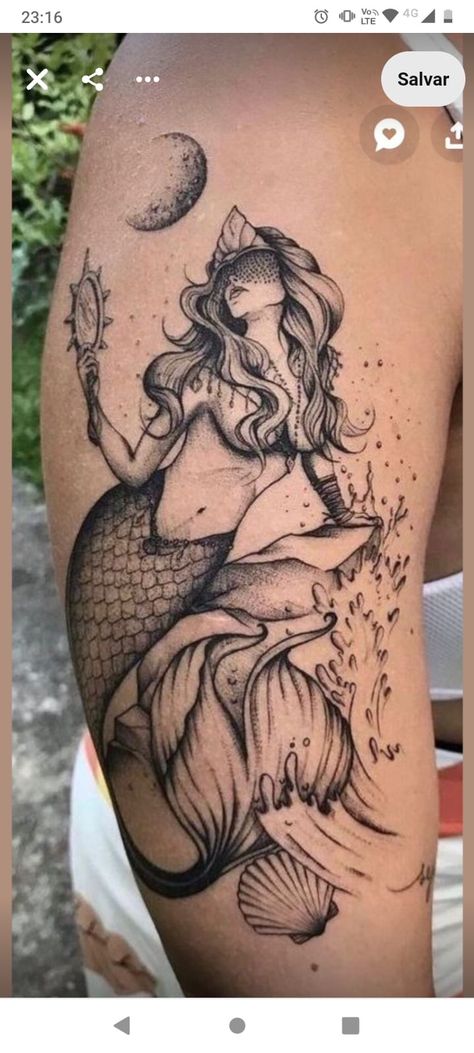 Mermaid Flowers Tattoo, Witchy Mermaid Tattoo, Unique Mermaid Tattoo, Moon Mermaid Tattoo, Mermaid And Fairy Tattoo, Mermaid Tattoo Ideas For Women, Mermaid Thigh Tattoo, Circuit Stickers, Tattoo After Care