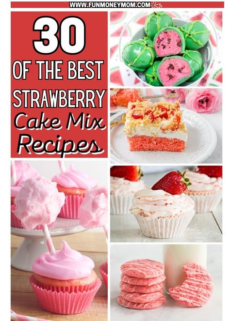 These delicious Strawberry Cake Mix Recipes are the perfect mouth-watering desserts for any occasion. From a strawberry layered trifle to decadent strawberry cakes and cookies, everyone will love these sweet fruit flavored treats! Strawberry Box Cake Recipes, Duncan Hines Strawberry Cake Mix Recipes, Strawberry Cake Mix Ideas, Box Strawberry Cake Mix Ideas, Strawberry Cake Mix Recipes, Watermelon Cake Pops, Cake Mix Pancakes, Strawberry Lemonade Cupcakes, Strawberry Roll Cake