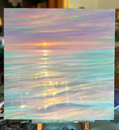 Ocean Aesthetic Artwork, Art For Beach House, Under Sea Painting Acrylic, Iridescent Painting Art, Pastel Ocean Painting, Sparkling Water Painting, How To Paint Iridescent, Sea Pastel Drawing, Water Pastel Art