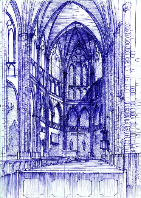 Blue Ink Drawing, Draw Buildings, Simple Art Drawings, Saint Florian, Biro Drawing, Art Buildings, Ballpoint Pen Art, Pen Art Work, Aesthetic Architecture