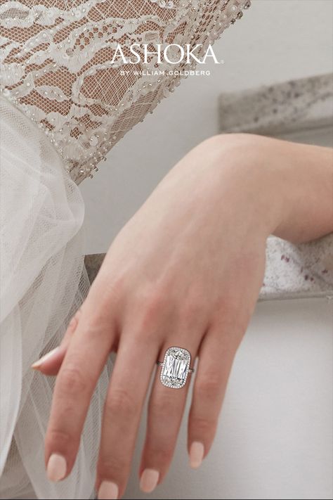 A solitaire ring as timeless as love itself, featuring an ASHOKA® cut diamond, surrounded by a micropavé halo, on a micropavé platinum band. Ashoka Diamond Ring, Ashoka Diamond, Emerald Ring, Designer Jewelry, Solitaire Ring, Diamond Cuts, Halo, Diamond Ring, Platinum