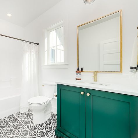 Mace River Custom Home | Mace River Custom Home Green Painted Cabinets, Stairs Bathroom, Eagle Idaho, Green Vanity, House Colours, White Subway Tile Backsplash, Boy Bath, Custom Cabinet, Kitchen Wall Colors