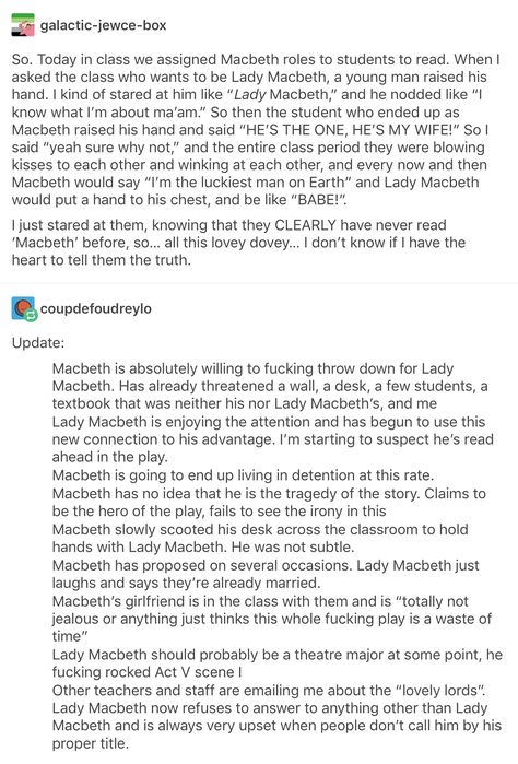 Macbeth Funny, Macbeth Tumblr, Macbeth Fanart, Literature Humor, Lady Macbeth, Funny Tumblr Posts, Faith In Humanity, Funny Fails, Funny Stories