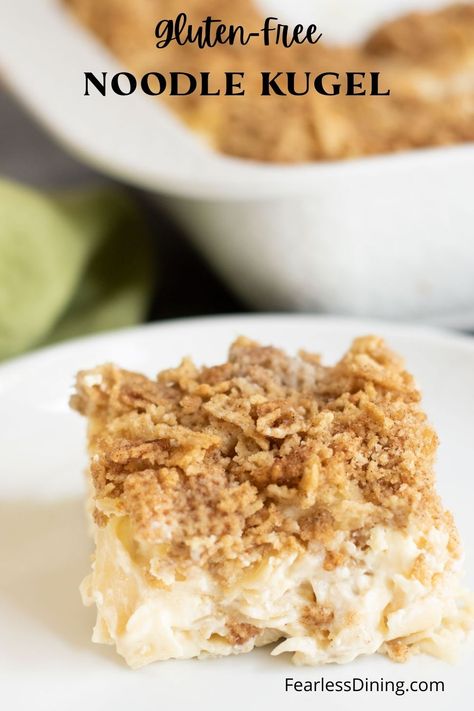 This sweet gluten free noodle kugel is perfect for Rosh Hashana or any time. It makes a great side dish, but is sweet enough for dessert because of the thick sweet vanilla cream cheese custard. fearlessdining Sweet Noodle Kugel Recipe, Noodle Kugel Recipe, Cinnamon Chex, Gluten Free Cereal, Gluten Free Gingerbread, Hanukkah Food, Gluten Free Sides, Gluten Free Noodles, Gluten Free Flour Blend