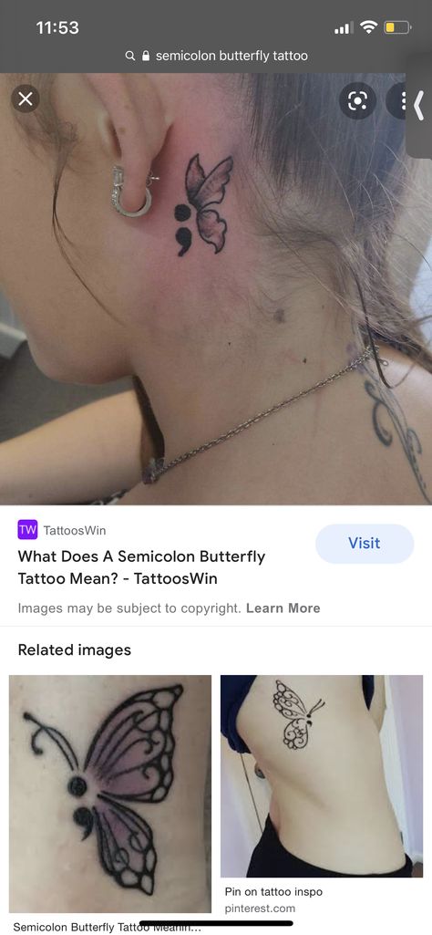 Semi Colon Behind Ear Tattoo, Semi-colon Tattoo Behind The Ear, Semi-colon Butterfly Tattoo, Semicolon Tattoo, Butterfly Tattoo, Unique Tattoos, Body Mods, Tiny Tattoos, Behind Ear Tattoo