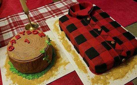 Lumberjack shirt cake & Tree  stump smash cake. Flannel Cake, Lumberjack Cake, Cake Tree, Sweets Ideas, Shirt Cake, Tree Stump, Smash Cake, 6th Birthday, Lumberjack