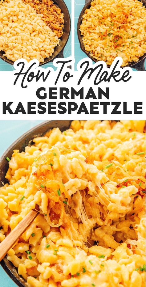 Nothing says comfort like a heaping bowl of German Cheese Spaetzle (or Käsespätzle), a blend of spaetzle, caramelized onion, and cheese! It's a flavor packed healthy pasta recipe that the whole family will love. German Spaetzle Recipes, Spetzel Recipe Easy, Spatzle Recipe Dishes, Spetzel Recipe, Spaetzle Recipes, Spatzle Recipe, Speatzle Recipe, German Pasta, Cheese Spaetzle