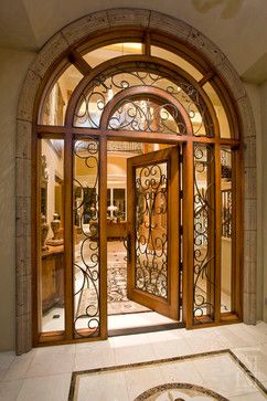 Beautiful door. Not very private tho! Wrought Iron Front Door, Iron Front Door, Big Doors, Home Door Design, Entrance Door Design, Wrought Iron Doors, Cool Doors, Wrought Iron Gates, Main Door Design