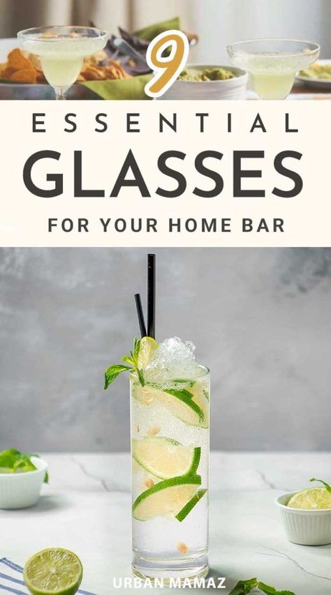 Setting Up A Bar At Home, Entertaining Must Haves, Types Of Bar Glasses, Glasses Table Setting, Grandma Recipes, Home Bar Essentials, Yummy Cocktails, Types Of Glassware, Home Bar Design