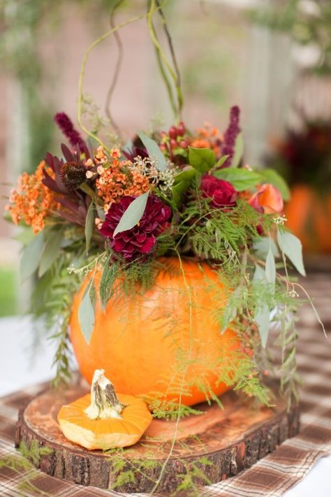 Fall wedding, pumpkin centerpiece, fall florals. I have never quite achieved the fall centerpiece that I want. May try this pumpkin idea, but with more elegant flowers. Elegant Pumpkins, Pumpkin Vase, Pumpkin Arrangements, Pumpkin Wedding, Fall Floral Arrangements, Outdoor Fall Wedding, Fall Entertaining, Fall Wedding Centerpieces, Rustic Fall Wedding