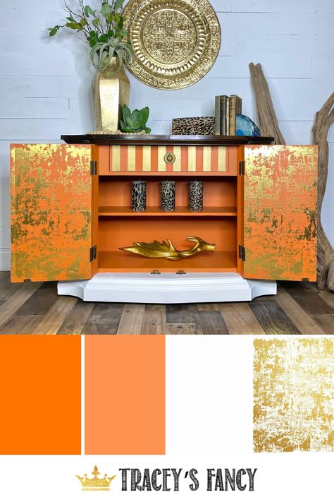 Chalk painted furniture color ideas in orange, gold, and white   a Redesign with Prima design transfer. Click over to my blog to see which additional products I used for this finish. Tracey Bellion #traceysfancy Tracey's Fancy Dixie Belle Chalk Paint No Pain Gel Stain Clear Coat Satin Gold Gilding Wax Wood Grain Tool Woodubend Ornate Rounded Edge Applique Chalk Painted Furniture Ideas DIY Furniture Wood Furniture Makeover DIY Wood Stain Chalk Painted Furniture Ideas, Furniture Color Ideas, Orange Painted Furniture, Chalk Paint Colors Furniture, Wood Grain Tool, Dresser Inspiration, Chalk Painted Furniture, Dixie Belle Chalk Paint, Furniture Makeover Inspiration