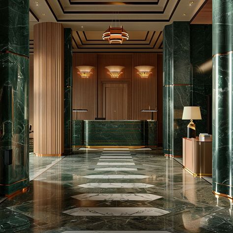 Modern Hotel Lobby Design Luxury, Lobby Interior Design Entrance, Art Deco Hotel Interior, Grand Hotel Lobby, Art Deco Hotel Lobby, Modern Classic Office, Lobby Designs, Modern Hotel Lobby, Hotel Foyer