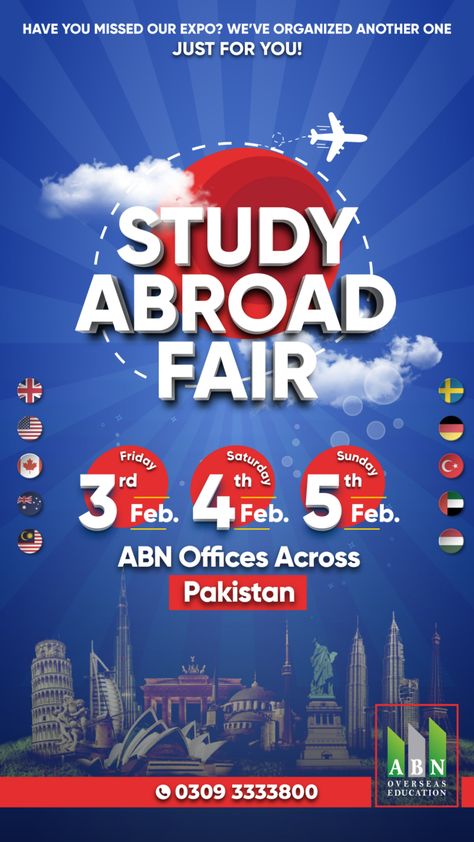 In case you missed our Worldwide Education Expo; we have organized another one just for you. Visit your nearest ABN Office and start your next step of Application, Visa processing for study abroad with the following perks. • 𝐒𝐜𝐡𝐨𝐥𝐚𝐫𝐬𝐡𝐢𝐩𝐬 • 𝐕𝐢𝐬𝐚 𝐆𝐮𝐢𝐝𝐚𝐧𝐜𝐞 • 𝐈𝐄𝐋𝐓𝐒 & 𝐏𝐓𝐄 𝐏𝐫𝐞𝐩𝐚𝐫𝐚𝐭𝐢𝐨𝐧 • 𝐏𝐨𝐬𝐭 𝐒𝐭𝐮𝐝𝐲 𝐖𝐨𝐫𝐤 • 𝐖𝐢𝐭𝐡/ 𝐖𝐢𝐭𝐡𝐨𝐮𝐭 𝐈𝐄𝐋𝐓𝐒 𝐎𝐩𝐭𝐢𝐨𝐧𝐬 𝐅𝐨𝐫 𝐦𝐨𝐫𝐞 𝐢𝐧𝐟𝐨𝐫𝐦𝐚𝐭𝐢𝐨𝐧: 03093333800 #ABN #Pakistan #studyabroad #fair #Study Education Poster Design, Travel Visa, Social Media Design Inspiration, Educational Consultant, Education Poster, Social Media Design Graphics, Ads Creative, Next Step, Study Abroad