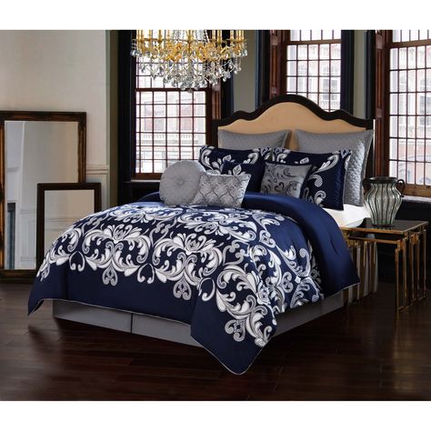 V19.69 Italia Navy 10-Piece Comforter Set (King), Blue (Polyester, Damask) Blue Comforter Sets, King Comforter Sets, Bed In A Bag, Queen Comforter Sets, Bedding Stores, Queen Comforter, King Comforter, Damask Pattern, Comforter Set