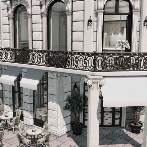 Amelie (Posts tagged mydownloads) Parisian Hotel, Sims Houses, French Living, Bloxburg Ideas, Casas The Sims 4, Hotel Building, Outdoor Porch, Ts4 Cc, Sims House