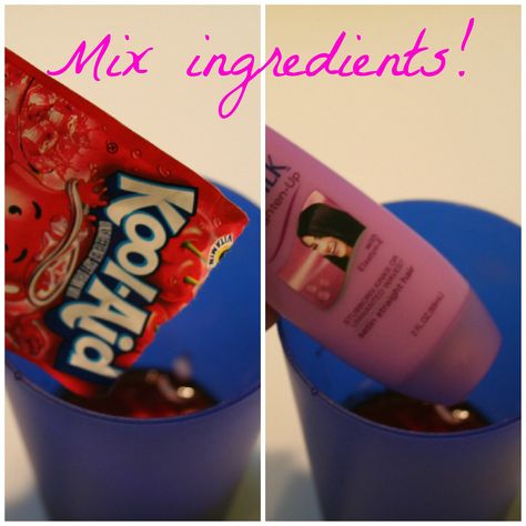 Hair Idies, Temporary Hair Dye Diy, Hair Dye For Kids, Kool Aid Hair Dye, How To Dye Hair, Homemade Hair Dye, Kool Aid Dye, Kool Aid Hair, Kids Hair Color