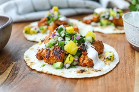 Crispy BBQ Chicken Tacos with Pineapple Salsa Chicken Tacos With Pineapple Salsa, Crispy Bbq Chicken, Bbq Chicken Tacos, Tacos With Pineapple Salsa, Tacos With Pineapple, Bbq Sauce Chicken, Creamed Cucumbers, Crispy Tacos, Chicken Taco Recipes