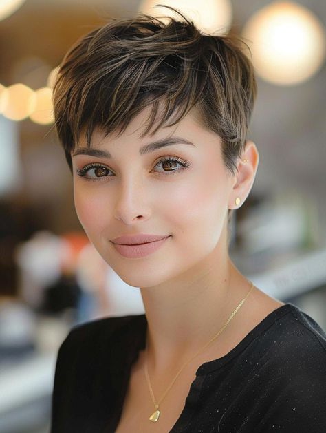 Short Same Length Haircut, Short Brunette Pixie With Highlights, Pixie Asian Haircut, Soft Pixie Haircut For Thick Hair, Haircut Ideas For Thick Hair, Pixie Cuts For Thick Hair, Cuts For Thick Hair, Brunette Pixie, Pixie Haircut Ideas