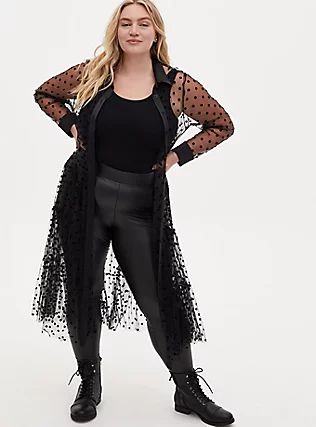 Black Flocked Mesh Button Front Tiered Duster Kimono, DEEP BLACK Velvet Fringe Kimono, Collarless Denim Jacket, Duster Kimono, Evening Blouses, Plus Size Kimono, Chiffon Kimono, Kimono Wrap, Black High Waist, Lace Inset