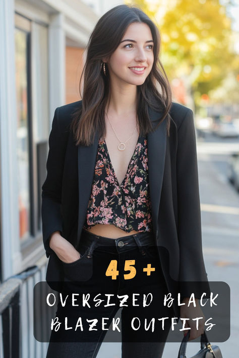 Effortlessly elevate your style with 45 outfits featuring an oversized black blazer. Perfect for any occasion, these ideas range from edgy streetwear to sophisticated ensembles. Click to discover these elegant inspirations and make your blazer the centerpiece of your look! ✨🧥 #OversizedBlazer #EffortlessElegance #FashionIdeas #StreetwearChic #SophisticatedStyle #VersatileWardrobe #BlazerInspo Black Blazer Outfit Casual Classy, Black Blazer Outfit Casual, Oversized Black Blazer Outfit, Black Blazer Outfit Ideas, Boyfriend Blazer Outfit, Black Blazer Outfits, Oversized Black Blazer, Blazer Outfit Ideas, Black Blazer Outfit