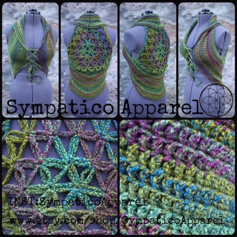 54 Likes, 3 Comments - Sympatico Crochet (@sympaticoapparel) on Instagram: “You can custom order your very own flower of life vest from my etsy shop🌷🍃🌿💜💚💕🌸 Lots of colours…” Crochet Flower Of Life, Flower Of Life Crochet, Flower Of Life Pattern, Crochet Vest Pattern, Life Vest, Crochet Summer Tops, Religious Symbols, Vest Pattern, Crochet Vest