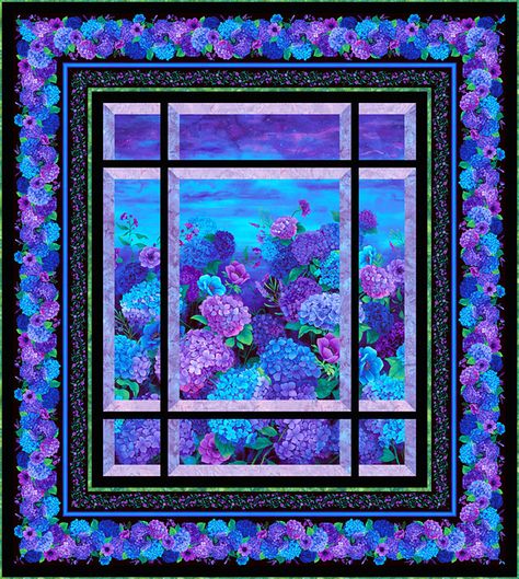 When we look out through this ‘window’ onto a moonlit Hydrangea flower bed, we feel a deep sense of peaceful joy. This week’s exclusive eQuilter Free Quilt Pattern is our gift to you – a tranquil view of Nature in … Continue reading → Large Flower Quilt Panels, Attic Window Panel Quilt Free Pattern, Windowpane Quilt Pattern, Attic Window Quilt Pattern Free, Hydrangea Quilt, Windowpane Quilt, Hydrangea Flower Bed, Panel Quilting, Attic Window Quilts