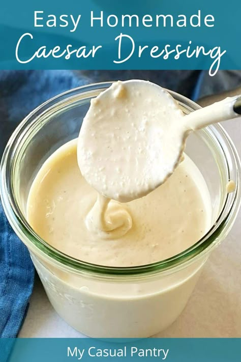 This homemade Creamy Caesar dressing is full of bright and tangy flavor. It takes just minutes to whip together, so you can enjoy a delicious Caesar salad at home anytime. Spinach Feta Turkey Burgers, Easy Caesar Salad Dressing, Mexican Flatbread, Lasagna Spinach, Homemade Caesar Salad, Homemade Caesar Dressing, Caesar Salad Dressing Recipe, Creamy Caesar Dressing, Homemade Caesar Salad Dressing