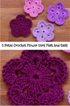 very easy and fast flower Crochet Applique Patterns Free Flower Hats, Crochet 5 Petal Flower, Crocheted Flowers For Hats, Crochet 5 Petal Flower Pattern Free, Crochet Flowers For Hats, Easy Crochet Flower Pattern Free, Easy Crochet Flowers For Beginners, How To Crochet A Flower, Crochet Flowers Free Pattern Easy