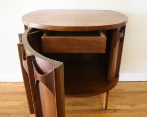 Mid Century Modern Side End Table Nightstands | Picked Vintage Mid Century Modern China Cabinet, Mid Century End Table, Mid Century Modern Bedside Table, Modern China Cabinet, Kent Coffey Perspecta, Mid Century Modern Side Table, Mid Century Chic, Demilune Table, Mid Century Furnishings