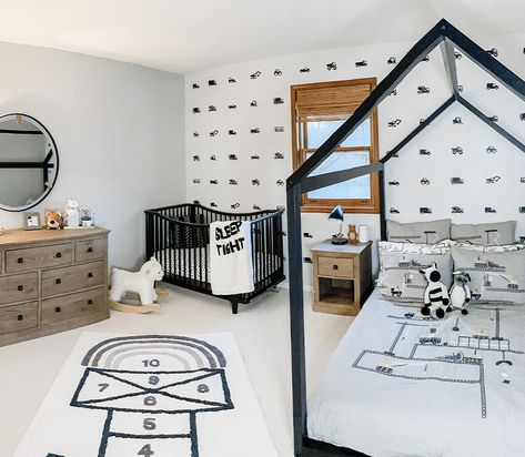 Brothers Shared Room, Toddler And Baby Shared Room Boys, Toddler And Nursery Shared Room, Toddler Newborn Shared Room, Toddler And Newborn Room Sharing, Toddler And Baby Shared Room, Preschooler Bedroom, Baby And Toddler Shared Room, Modern Boho Nursery