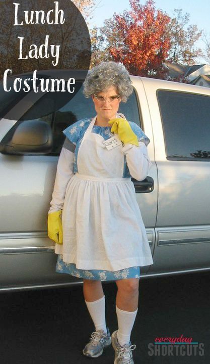 Last minute DIY Adult Halloween costume! All you need for this Lunch Lady costume is a mumu, apron, rubber gloves, wig, and glasses. Lunch Lady Halloween Costume Ideas, Lunch Lady Halloween Costume, Halloween Costumes For Lunch Ladies, Lunch Lady Costume Ideas, Lunch Lady Costume, Junie B Jones Costume, Tourist Costume, Diy Adult Halloween Costumes, Diy Lunch