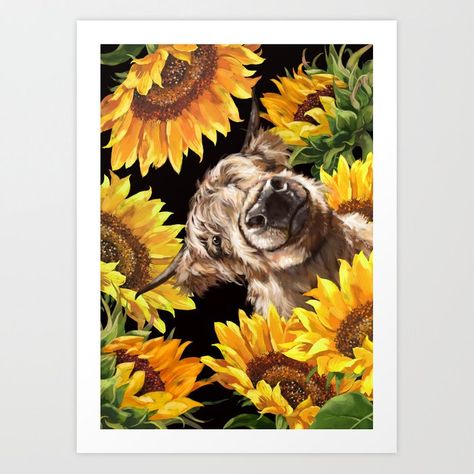 Highland Cown in Sunflowers Garden Art Print by bignosework | Society6 Cow And Sunflower, Blue Framed Art, Sunflower Canvas, Nose Work, Big Nose, Grand Art, Highland Cow, Mini Art, Art Sur Toile