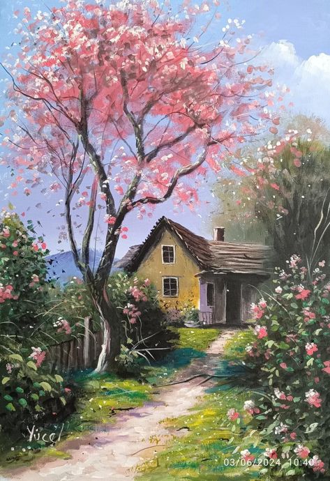 Beautiful Paintings Of Nature, Landscape Pencil Drawings, Landscape Paintings Acrylic, Easy Canvas Painting, Cottage Art, Pola Sulam, Landscape Art Painting, Painting Artist, Nature Art Painting