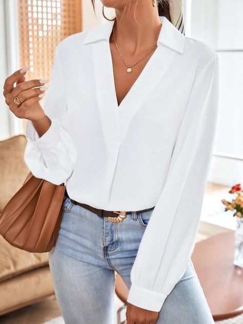 White Collared Shirt Outfit, Blouse Peplum, Trendy Business Casual, Business Formal Dress, Top Jeans, White Collared Shirt, Formal Dresses Gowns, White Long Sleeve Shirt, Professional Dresses