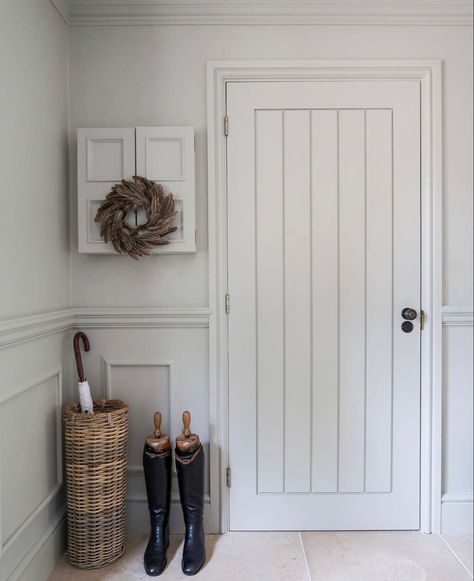 Interior design, Farrow and Ball, umbrella stand with antique riding boots. Internal Cottage Doors, Internal Doors Modern, Cottage Style Doors, New England Cottage, Rustic Cottage Style, White Internal Doors, Cottage Door, Limestone Flooring, New England Style