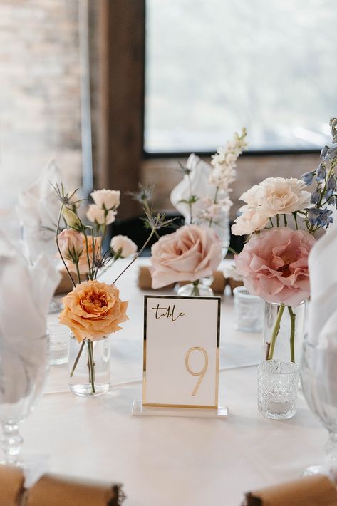 Peach Centerpieces, Bud Vase Centerpieces, Summer Wedding Centerpieces, Bud Vase Centerpiece, Gold Table Numbers, Dream Day, Wedding 2025, Peach Blush, Event Planning Company