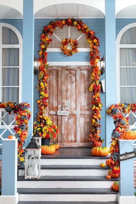 36 Simple Fall porch decor ideas - miss mv Simple Fall Porch Decor, Fall Garlands, Fall Thanksgiving Wreaths, Harvest Wreath, Wood Pumpkins, Halloween Door Decorations, Outdoor Decorating, Hanging Wreath, Fall Decorations Porch