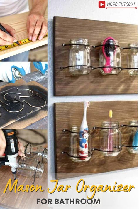 If you have extra mason jars you might want to see how other people repurposed them for other uses. You could use these jars for organizing small items or use them for house decor. For this tutorial, I made a simple DIY Mason Jar Organizer for the bathroom, to keep small items organized and readily available. #diy #freeplans #projects #homedecor #interior #woodproject #homeimprovement #DIYhomeprojects #DIYwoodworkingideas #bathroomdecor #diysmallproject #easydiy #bathroomorganizer #cabinet Mason Jar Organizer, Mason Jar Shelf, Mason Jar Holder, How To Apply Polyurethane, Mason Jar Organization, Organizer For Bathroom, Basic Woodworking, Picture Frame Hangers, Diy Mason Jar