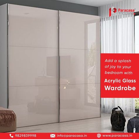 A modular wardrobe with a sheen appearance and glossy finish is an eye-catcher. For homeowners who love a lustrous room setup, it comes real easy with acrylic finish laminates. With a glass-like finish, acryshine acrylic shutters are lightweight and yet, have high durability features. Reach out to us at 9829839998 Or write to us at info@paracasa.in #wardrobe #wardrobedecor #homedecor #interiordesign #interiordesigner #interior #design #homedecor #paracasawardrobes #paracasainterio Glass Profile Wadrobe, Acrylic Sliding Wardrobe Designs, Acrylic Wardrobe Shutters, Acrylic Finish Wardrobe, Glass Finish Wardrobe, Glass Laminated Wardrobe, Glossy Finish Wardrobes, Glossy Laminate Wardrobe Design, Laqured Glass Wardrobe