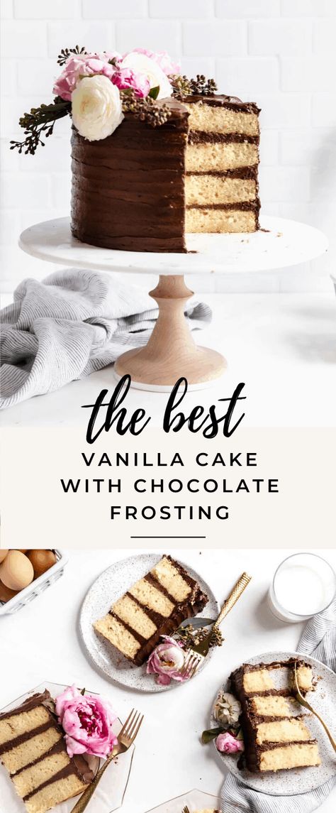 Vanilla Cake Chocolate Icing, Vanilla Cake Recipe With Chocolate Icing, Best Vanilla Cake With Chocolate Frosting, Vanilla Cake With Chocolate Filling, Best Homemade Birthday Cake, Chocolate Frosting Birthday Cake, Vanilla Cake Ideas, Vanilla Cake Chocolate Frosting, Birthday Homemade Cake