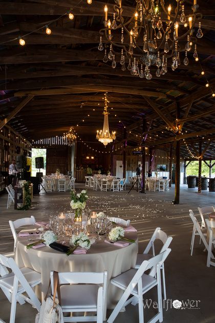 Barrel Room Wedding Receptions, White Folding Chairs Wedding, Long Rustic Barn Wedding Tables, White Barn Wedding Venue Ideas, Country Wedding Hay Bale Seating, Burdoc Farms Wedding, Fairy Lights Wedding Reception Barn, White Wooden Chairs, Wedding Centerpiece