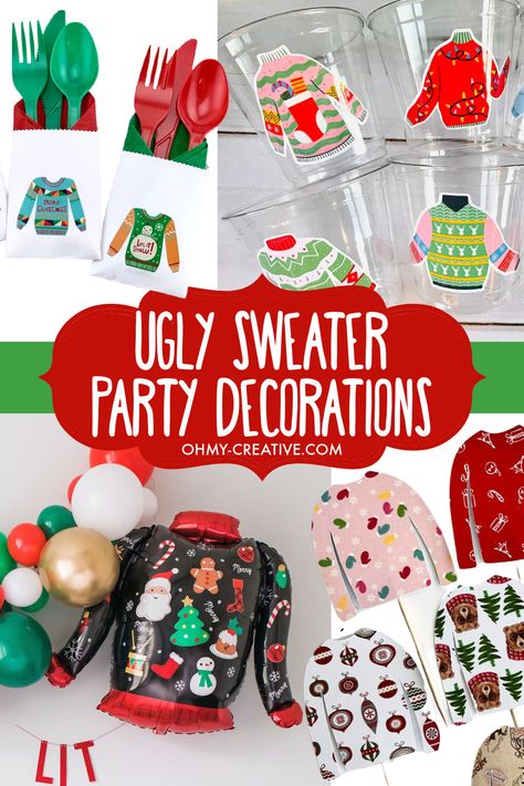 Find all the Ugly Sweater Party Decorations you need to make your Christmas sweater party a success below. Ugly sweater party decorations include photo booth backdrop and props, ugly sweater balloons, ugly sweater cutouts, ugly Christmas sweater balloons, ugly sweater cups, ugly Christmas sweater invitations and more! Adult Ugly Sweater Christmas Party, Ugly Christmas Sweater Party Ideas Decor, Ugly Sweater Christmas Party Decorations, Ugly Sweater Christmas Party Ideas, Ugly Christmas Sweater Party Games, Ugly Sweater Party Food, Ugly Sweater Party Decorations, Christmas Party Decor Ideas, Ugly Sweater Party Games