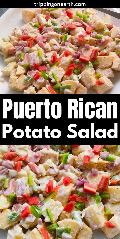 Puerto Rican Potato Salad Potato Salad Spanish Style, Fried Plantains Puerto Rican, Puerto Rican Thanksgiving Side Dishes, South American Food Recipes, Puerto Rican Salad, Dominican Potato Salad, Puerto Rican Christmas Food, Puerto Rican Potato Salad, Easy Puerto Rican Recipes