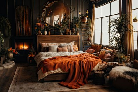 Dark Boho Bedroom, Dark Bedrooms, Dark Cozy Bedroom, Boho Bedroom Design, Earthy Bedroom, Moody Bedroom, Dark Bedroom, Dark Home Decor, Bedroom Orange